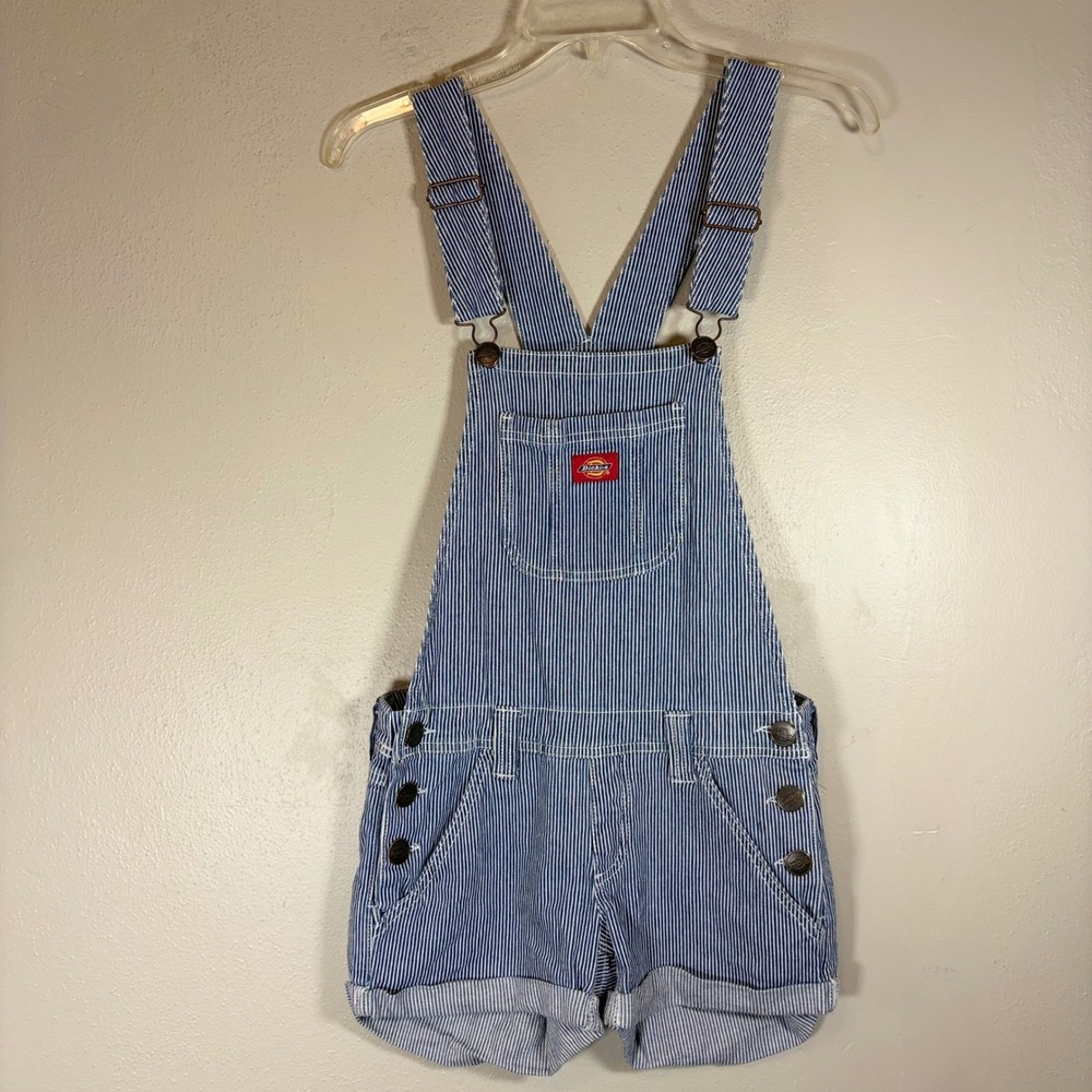 Dickies Hickory Stripe Bib Overalls Shorts Womens S 29 Blue White Shortalls Y2K